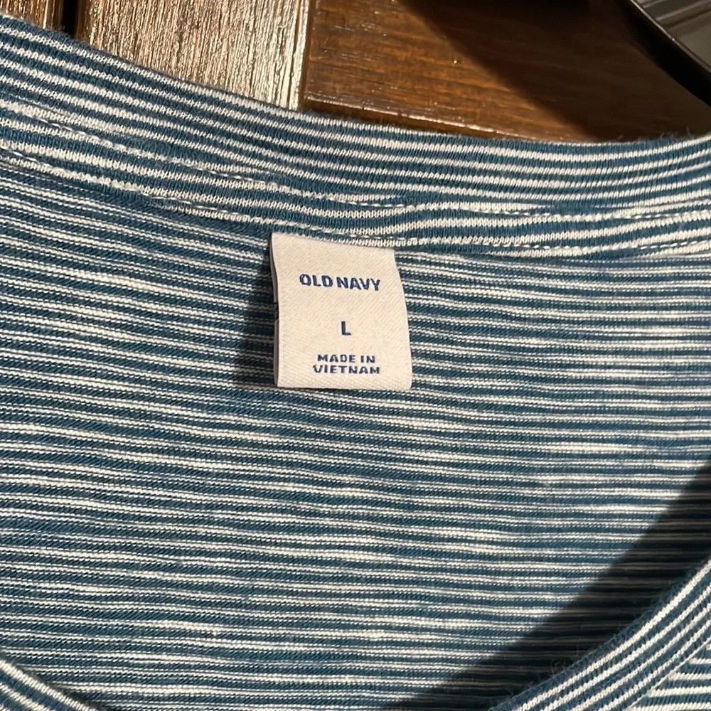 Old navy stripe cotton tee shirt dress defined waist large L blue excellent cond - Picture 2 of 4